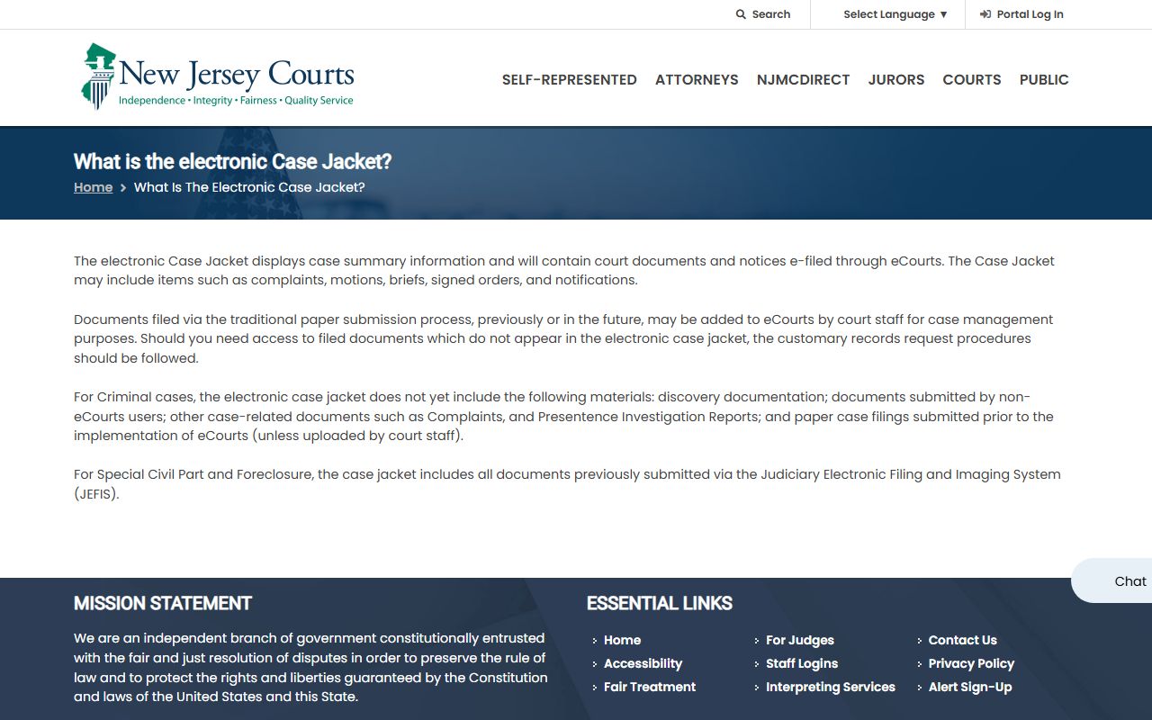 NJ Courts electronic Case Jacket FAQ for Burlington County court records