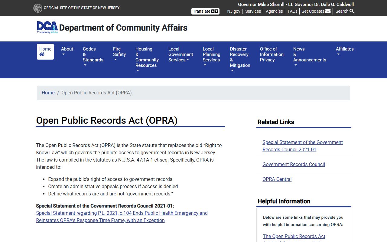 New Jersey OPRA overview page for Burlington County public records access