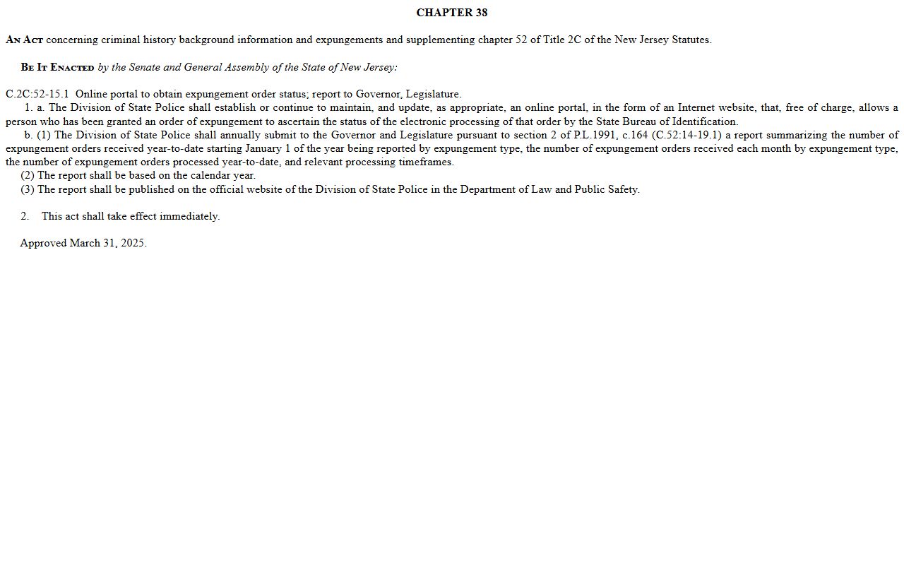 New Jersey expungement order status portal law for Burlington County