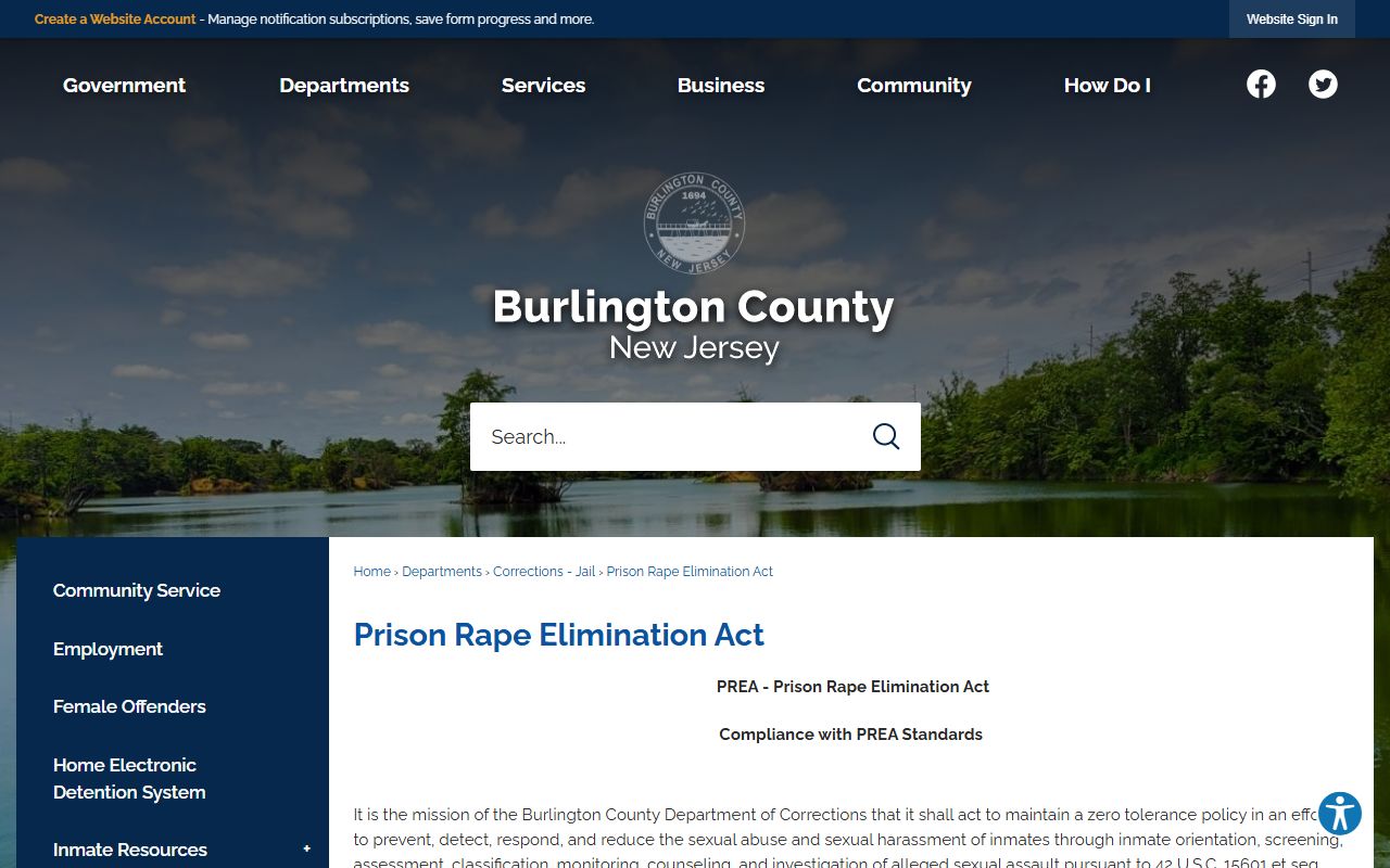 Burlington County PREA zero-tolerance information page
