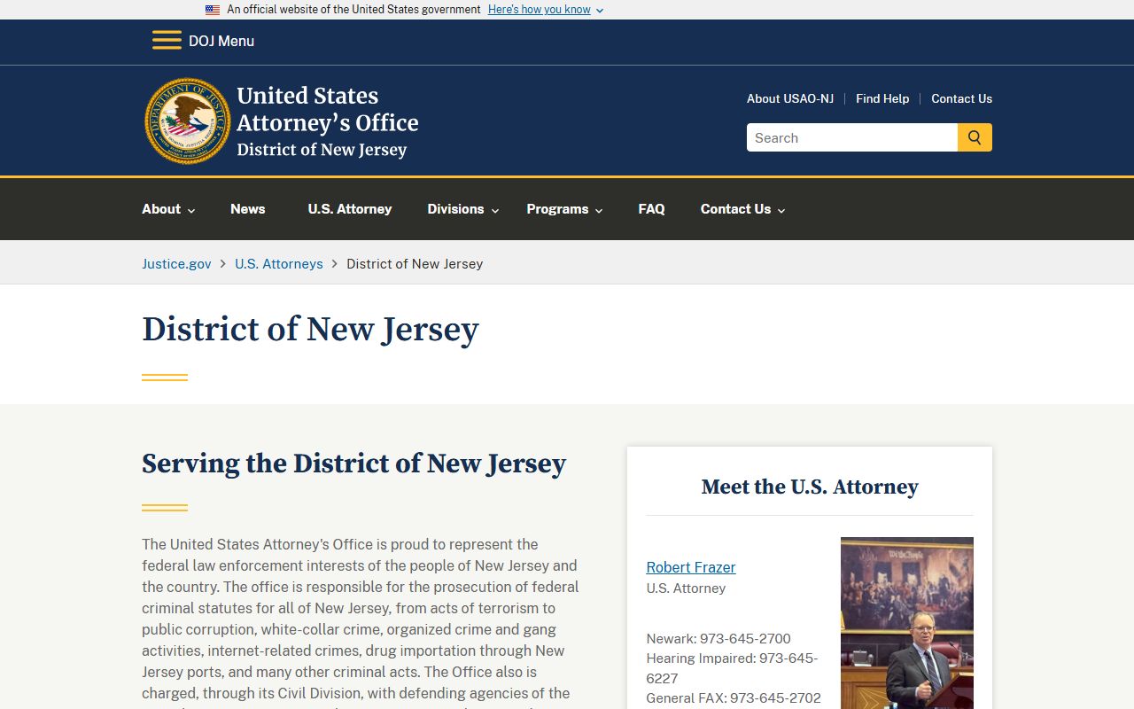 U.S. Attorney District of New Jersey for federal cases tied to Burlington County