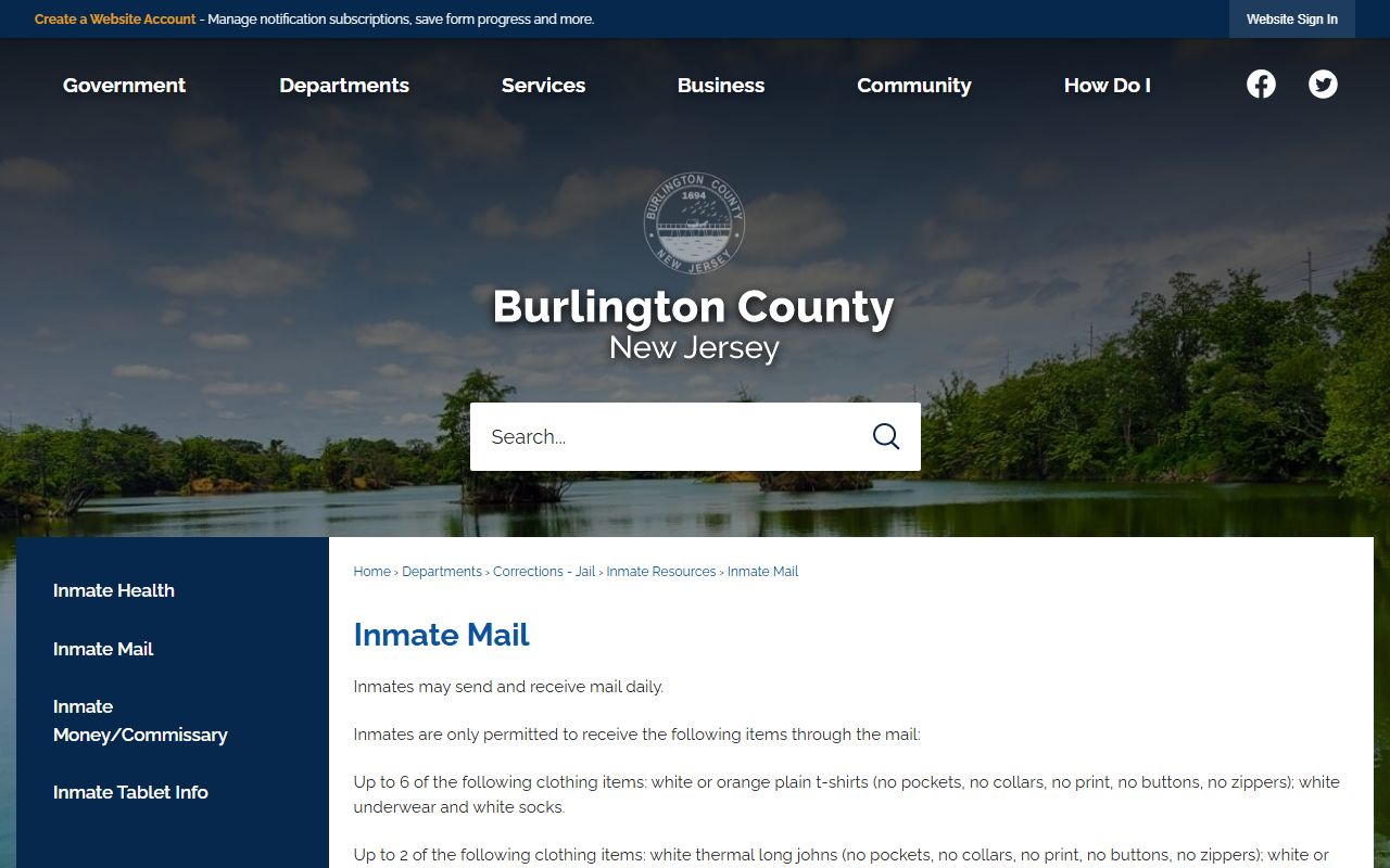 Burlington County inmate mail rules page