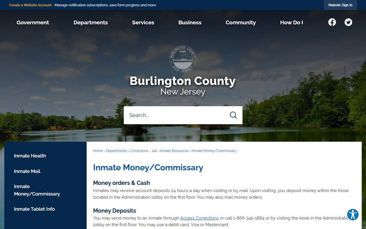 Burlington County inmate money and commissary page