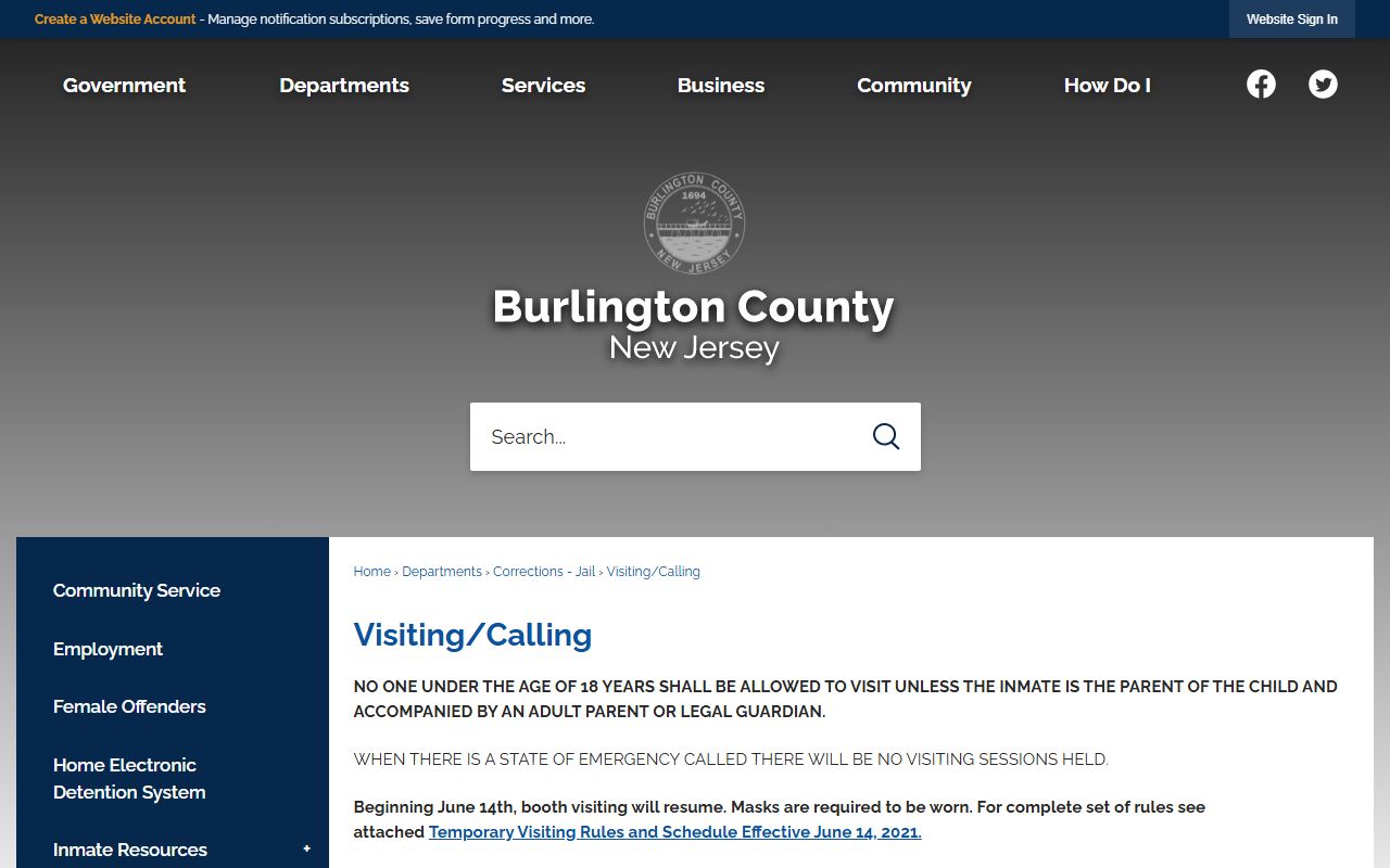 Burlington County jail visiting and calling rules for inmate records