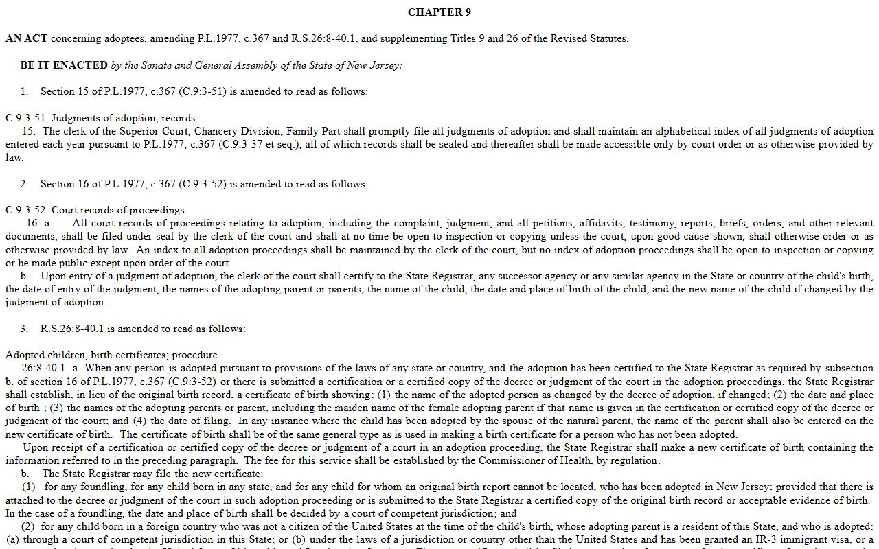 New Jersey adoption record confidentiality law affecting Burlington County probate records