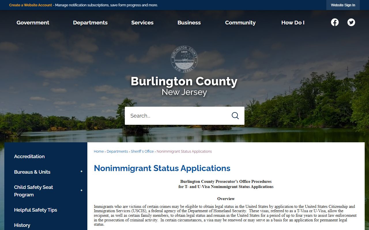 Burlington County Prosecutor T and U visa certification page