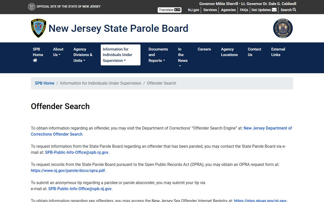 Burlington County NJ State Parole Board offender search for released inmates