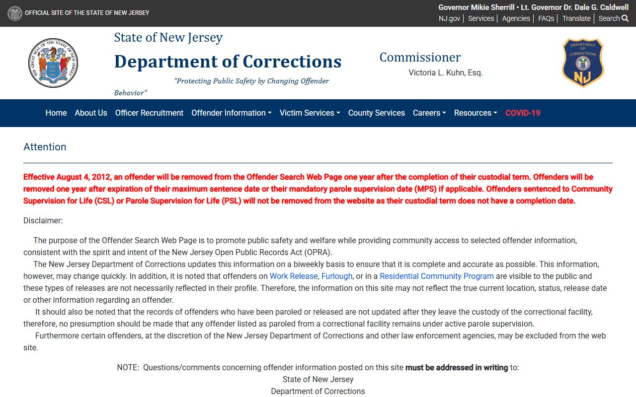 Burlington County NJDOC offender search for released inmates