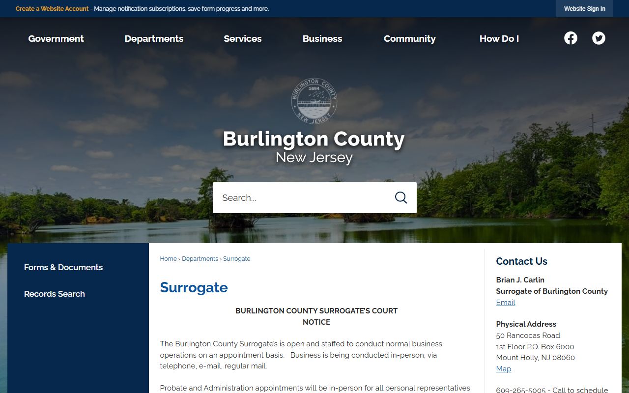 Burlington County Surrogate page for probate and estate records