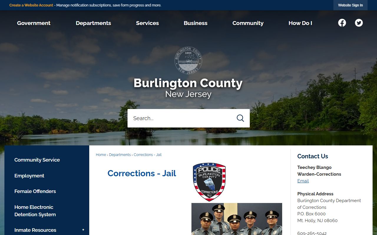 Burlington County Corrections and Jail page for inmate records