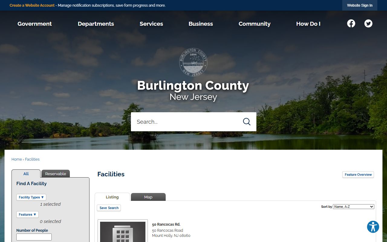 Burlington County facilities list showing the Mount Holly court complex