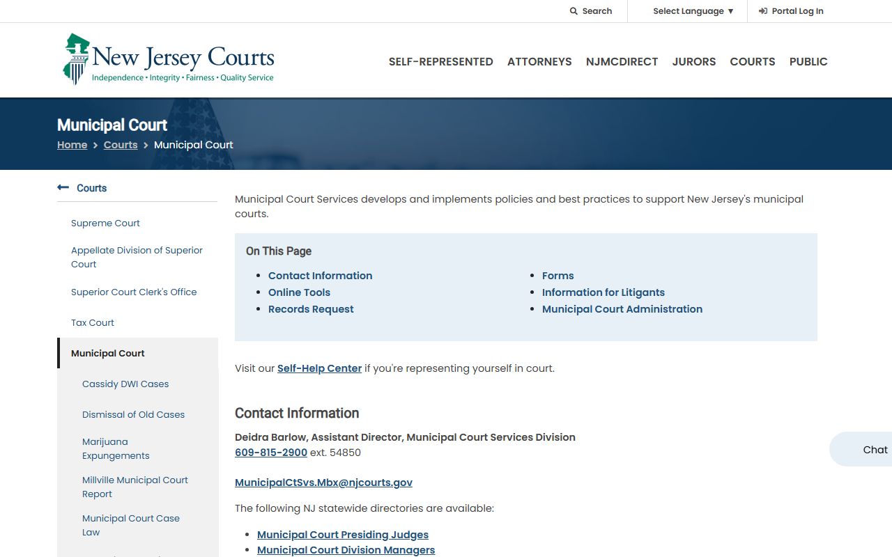 NJ Courts municipal court page used to search Burlington County court records